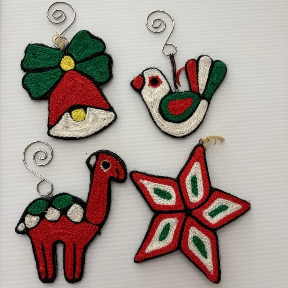 Vintage 70s Needlepoint Christmas Ornaments Llama Bell Star Bird